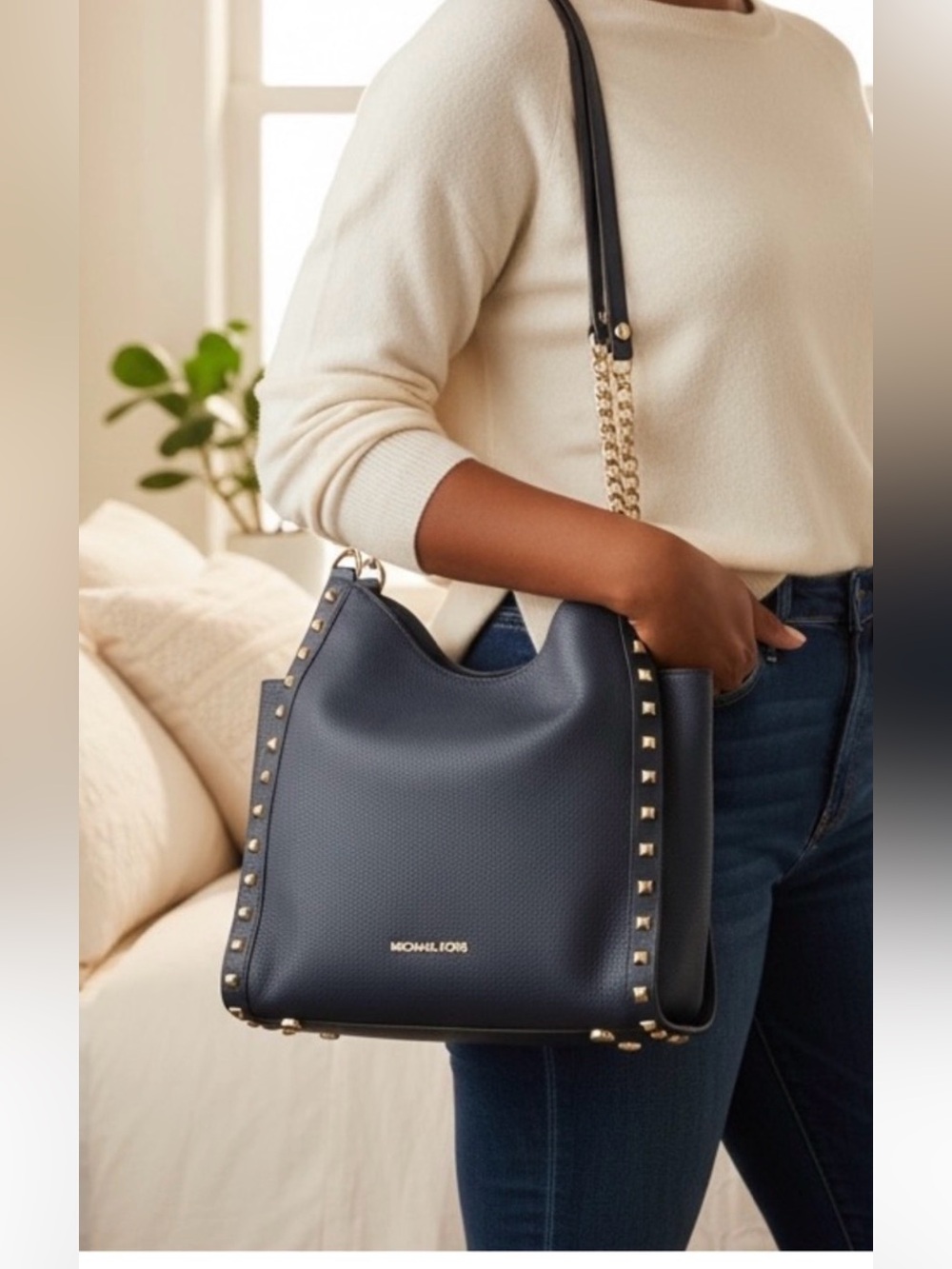 Michael Kors Navy, Studded Pebble Leather Chain Bag